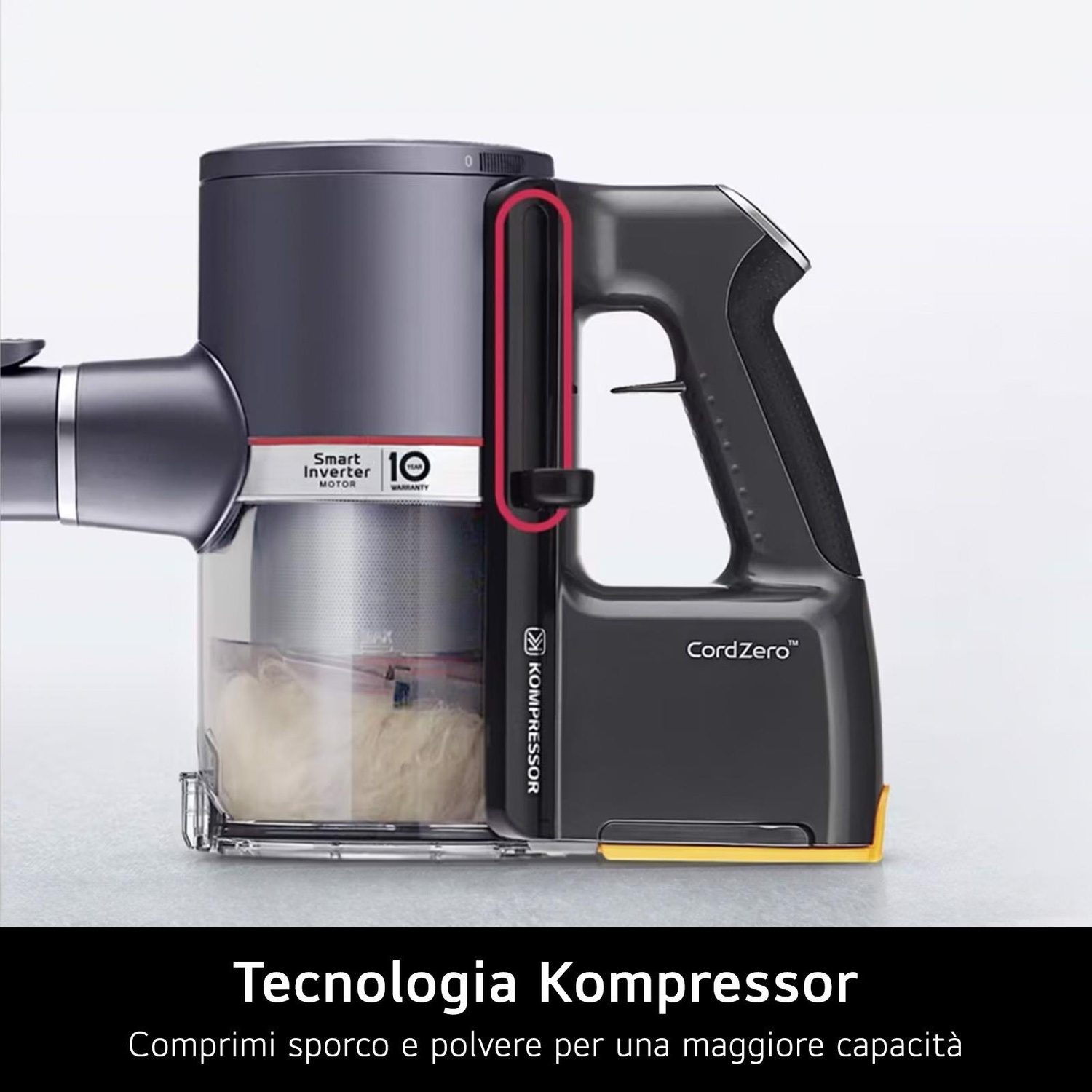 Aspirapolvere con tecnologia Kompressor, grigio e nero, con testo e logo.