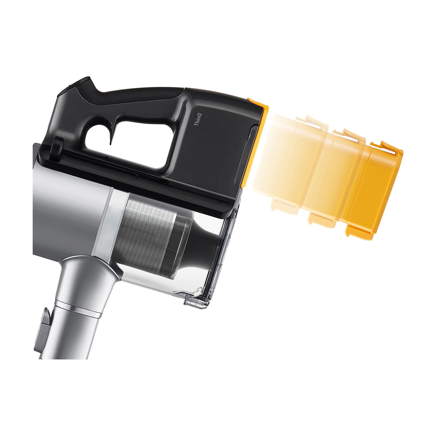 Un aspirapolvere LG argento e nero con un accessorio giallo che si estende verso l'esterno.