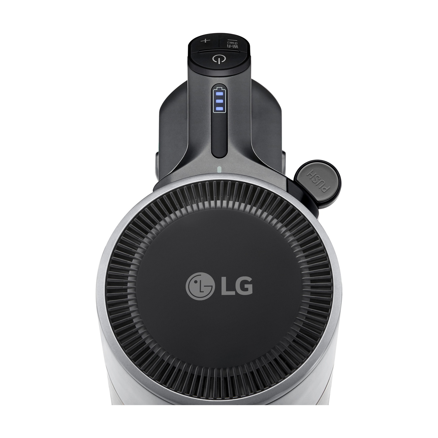 Vista dall'alto di un aspirapolvere nero e grigio con il logo LG e un pulsante di accensione.