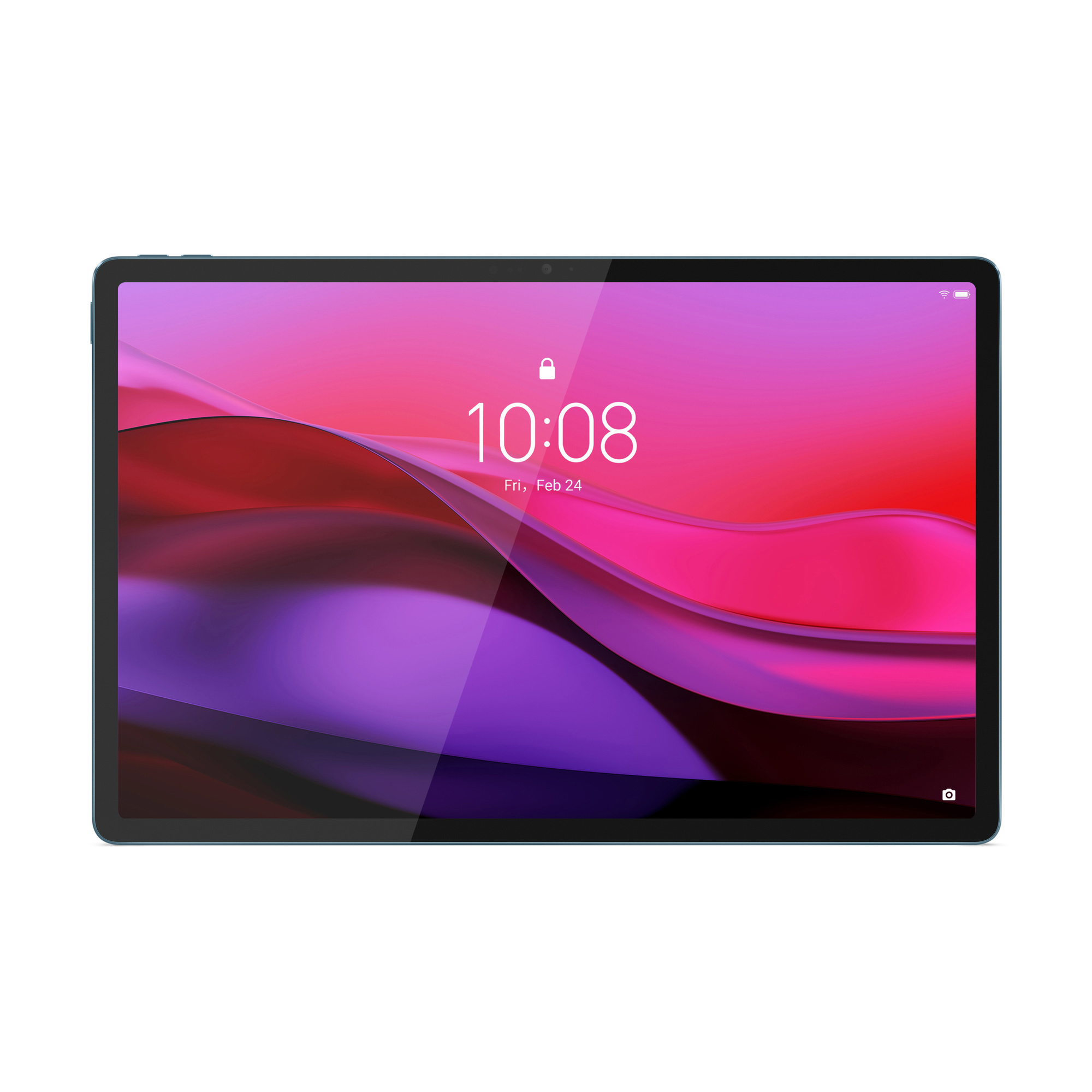 Ein Tablet, das einen lebendigen Bildschirm mit Uhrzeit und Datum vor farbenfrohem Hintergrund anzeigt.