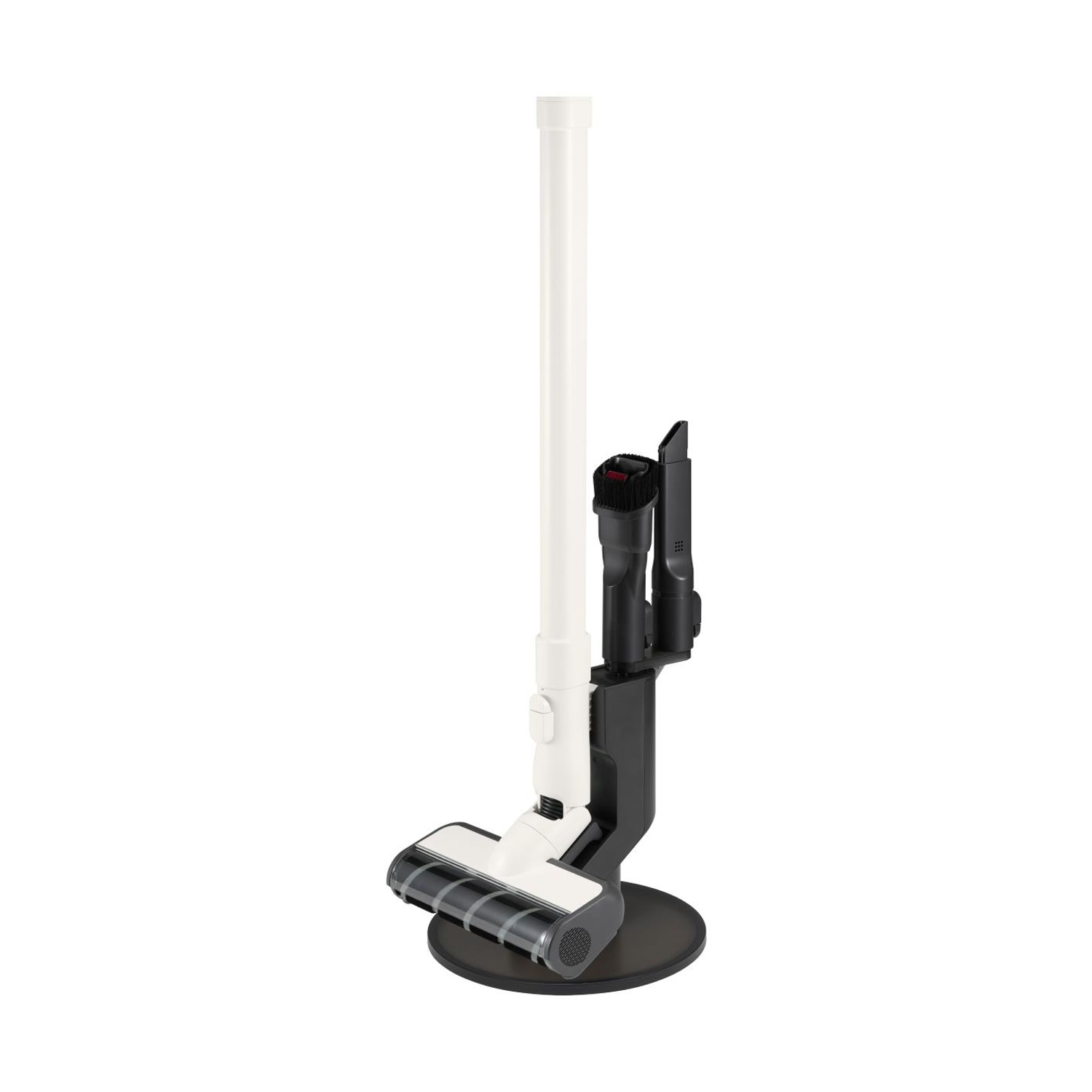 Un aspirapolvere verticale bianco e nero con accessori su un supporto.