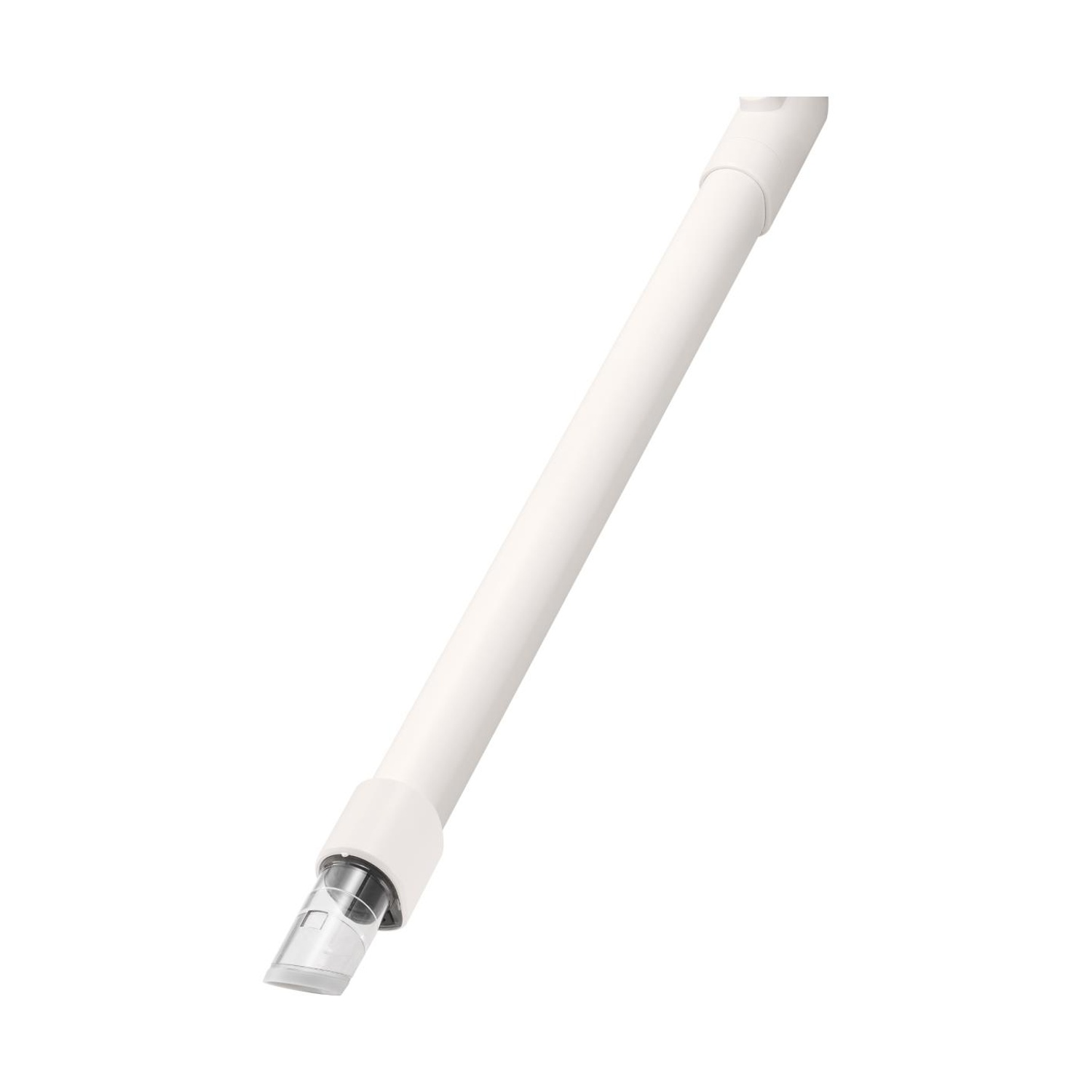 Accessorio per aspirapolvere bianco con estremità in plastica trasparente.