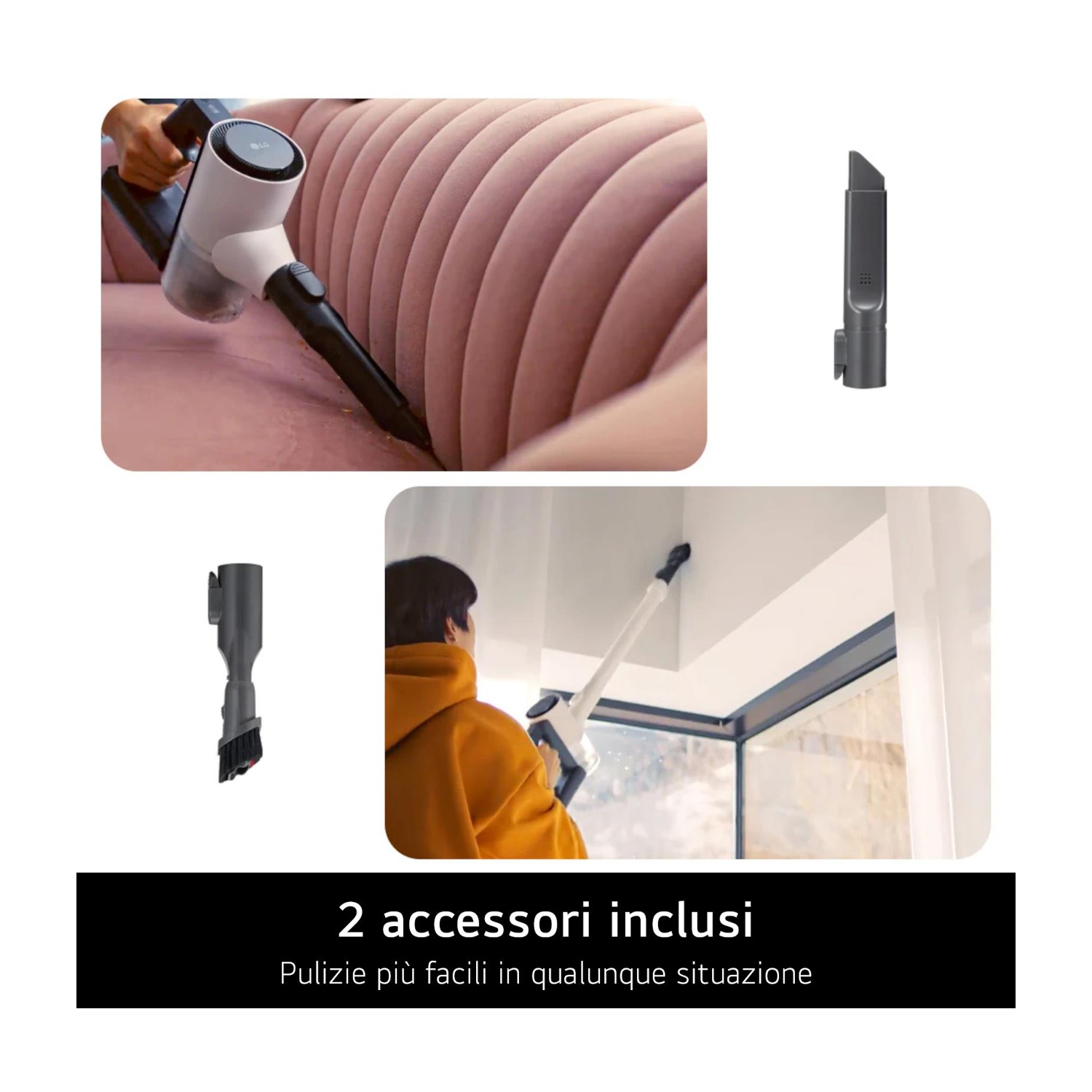 Aspirapolvere e accessori. L'aspirapolvere è bianco e nero. Due accessori aggiuntivi.