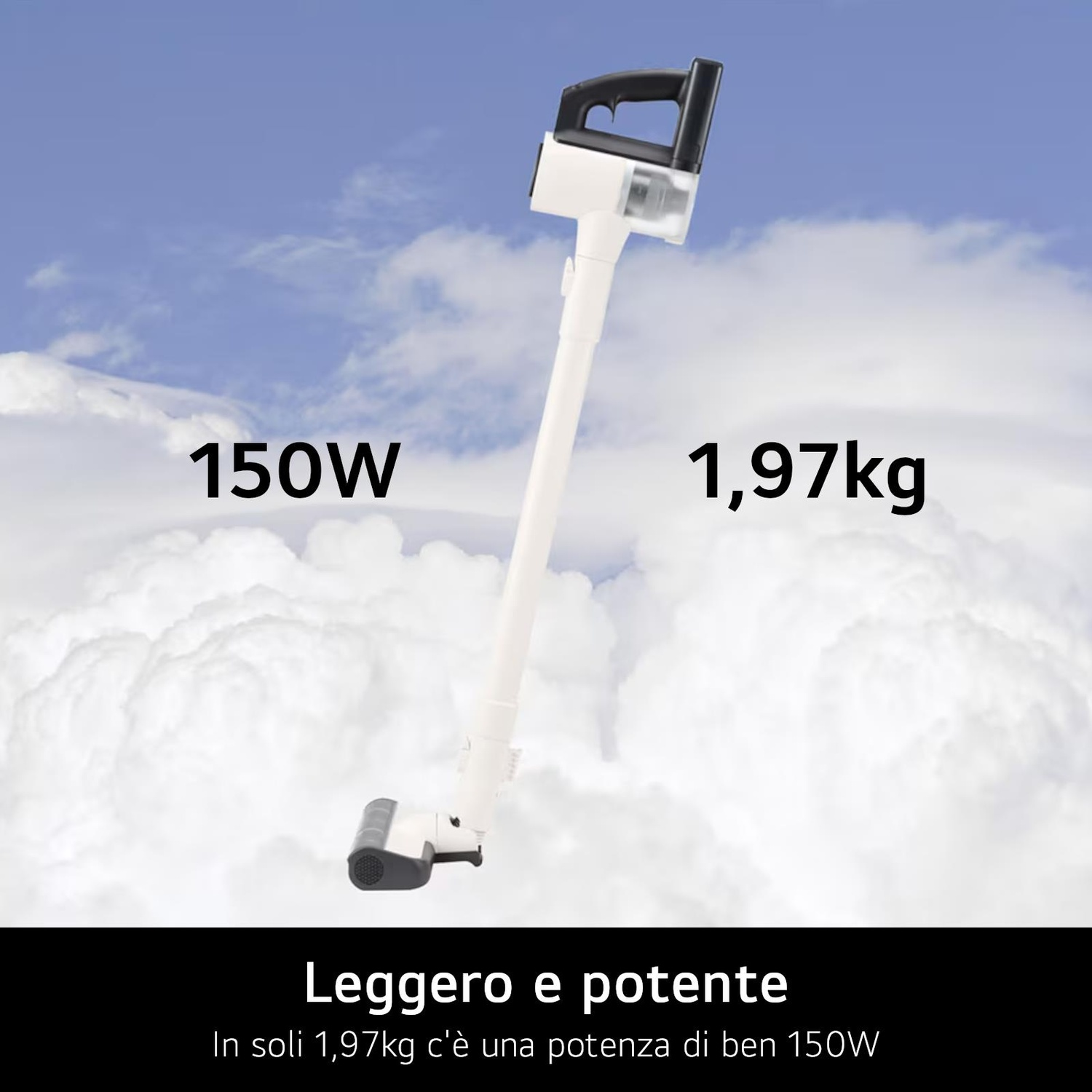 Un aspirapolvere bianco e nero con testo '150W' e '1,97kg'.