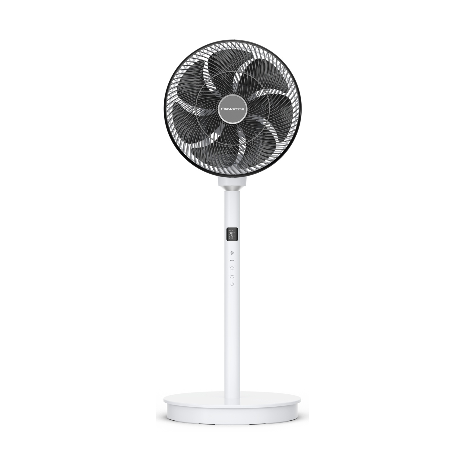 Un ventilatore da terra bianco con griglia nera, isolato su sfondo bianco.