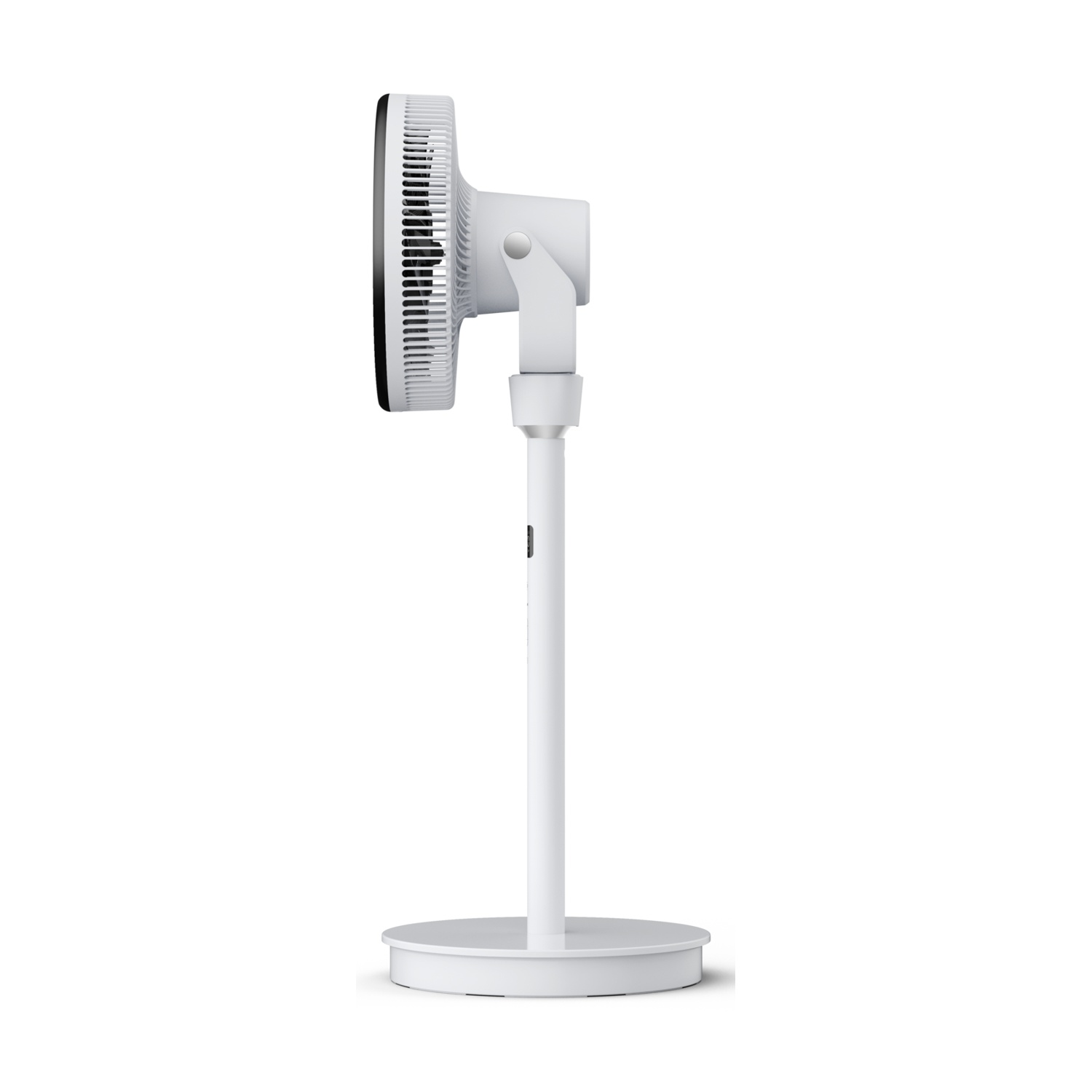 Ventilatore da terra bianco, vista laterale, su sfondo bianco.