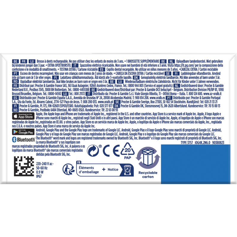 Embalaje de producto blanco y azul con texto en varios idiomas. Símbolos de reciclaje presentes.
