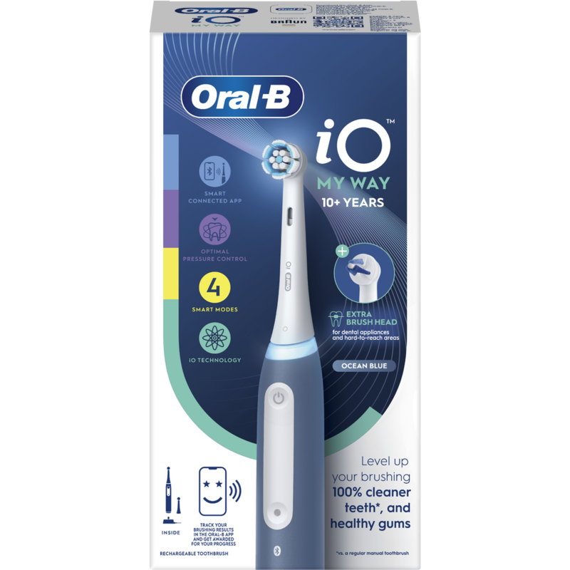 Una caja con un cepillo de dientes eléctrico, características e información del producto.