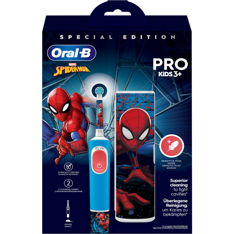 Cepillo de dientes Oral-B con diseño de Spiderman, embalaje con texto y cepillo.