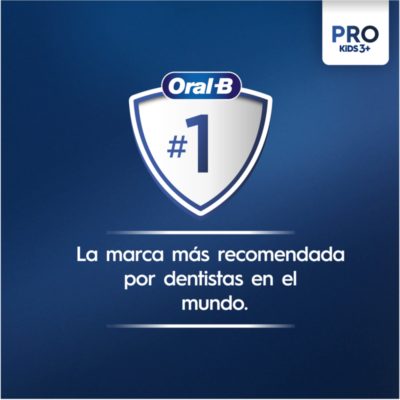 Un anuncio de Oral-B. Un escudo blanco con un uno azul y texto en español.