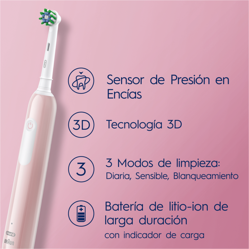 Cepillo dental eléctrico rosa con descripción de funciones: sensor de presión, tecnología 3D.