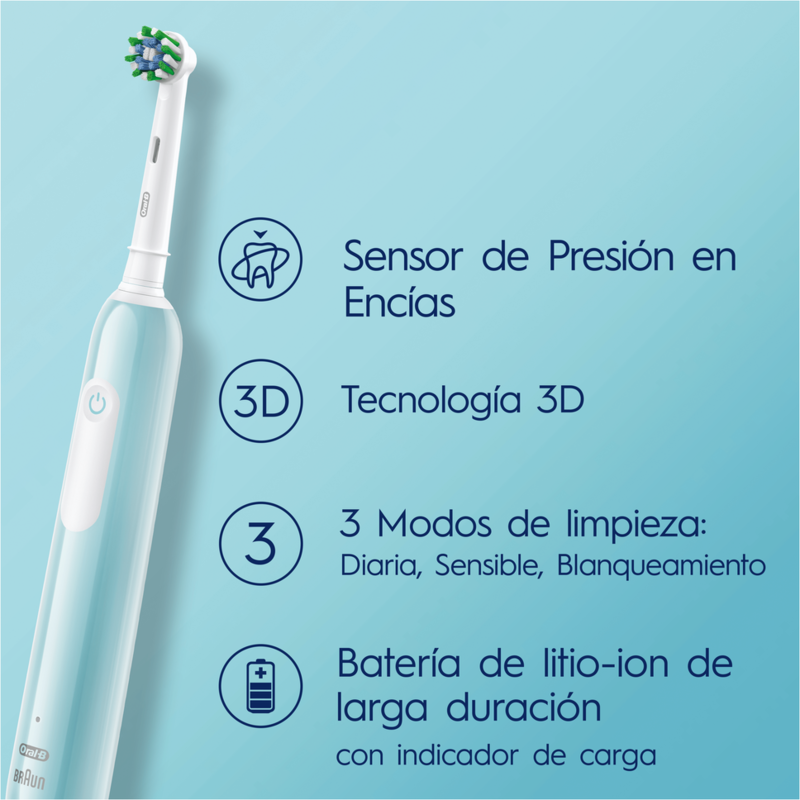 Cepillo de dientes eléctrico azul con texto en español describiendo características, sobre fondo azul.