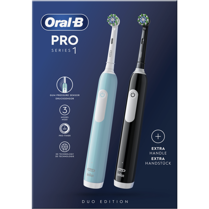 Caja Oral-B Pro Series 1 Duo Edition con dos cepillos de dientes eléctricos y lista de funciones.
