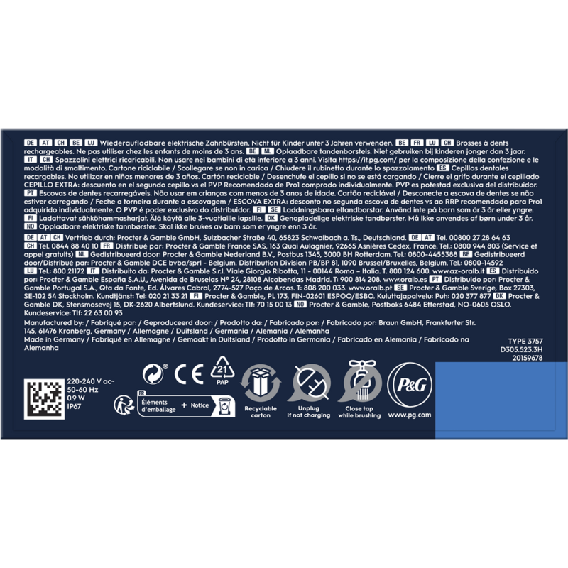 Caja de embalaje con texto multilingüe, símbolos y logotipos. Diseño limpio e informativo.