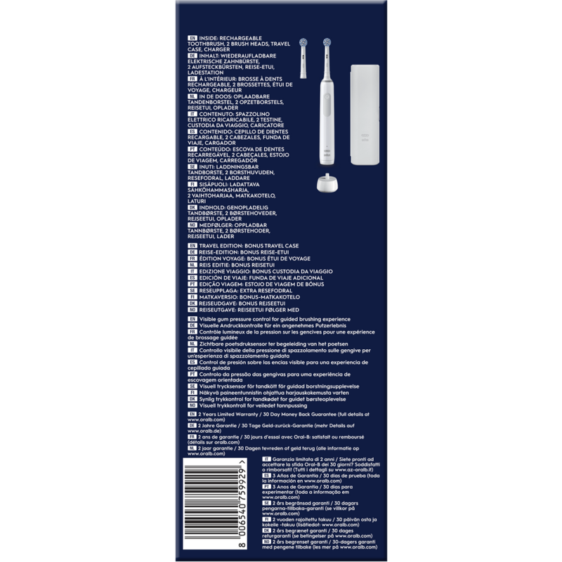 Caja con texto en varios idiomas, incluido un cepillo de dientes eléctrico.