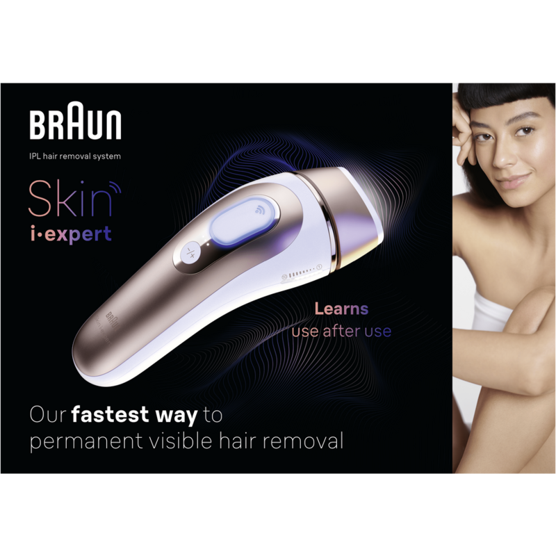 Sistema de depilación IPL Braun. Dispositivo, mujer y texto. Afirma depilación permanente.