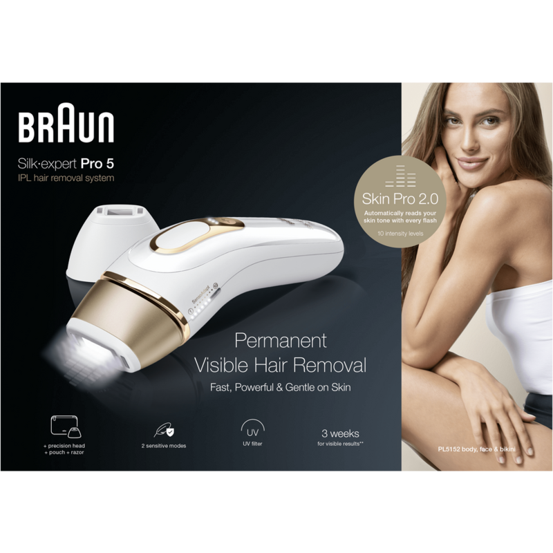 Sistema de depilación IPL Braun con una mujer. Texto en el producto.