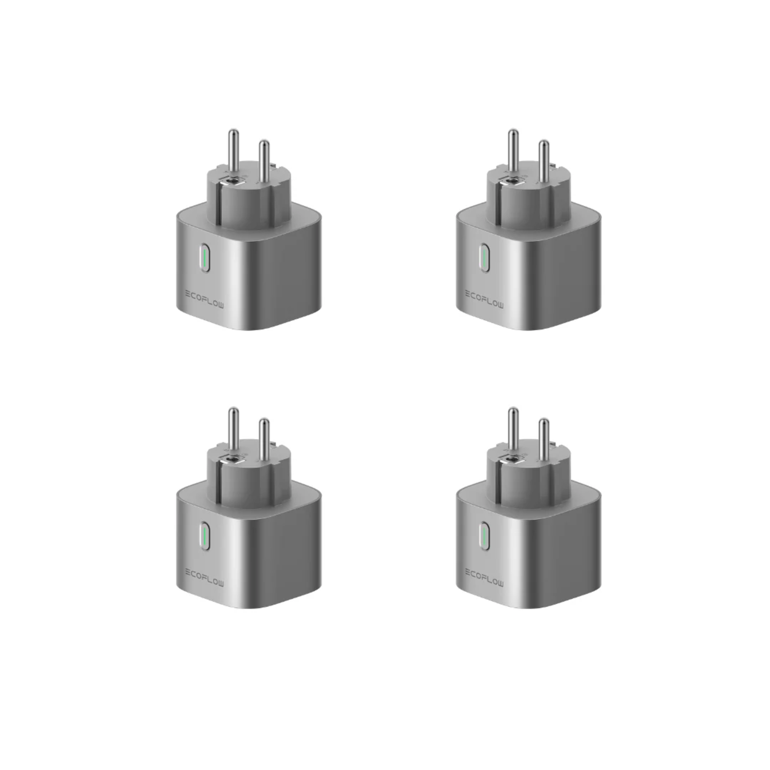 Four silver smart plugs with two prongs each, arranged on a white background.
