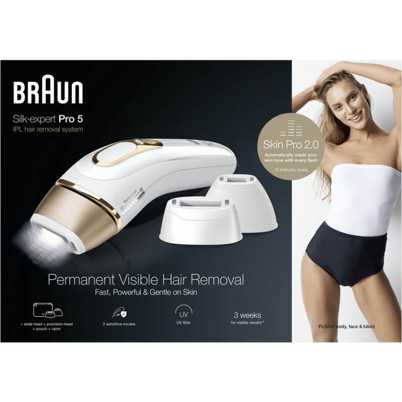 Sistema de depilación IPL Braun con una mujer y una pantalla del producto.
