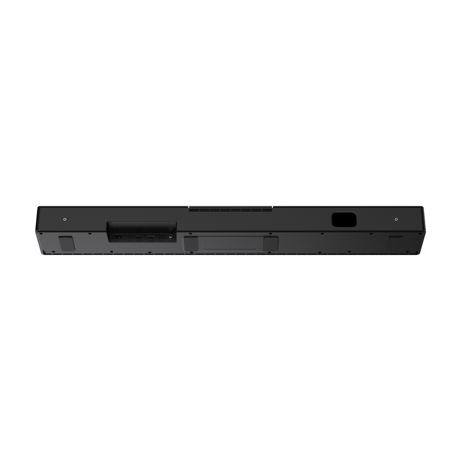 Soundbar nera, vista inferiore, con connettori e punti di montaggio visibili.