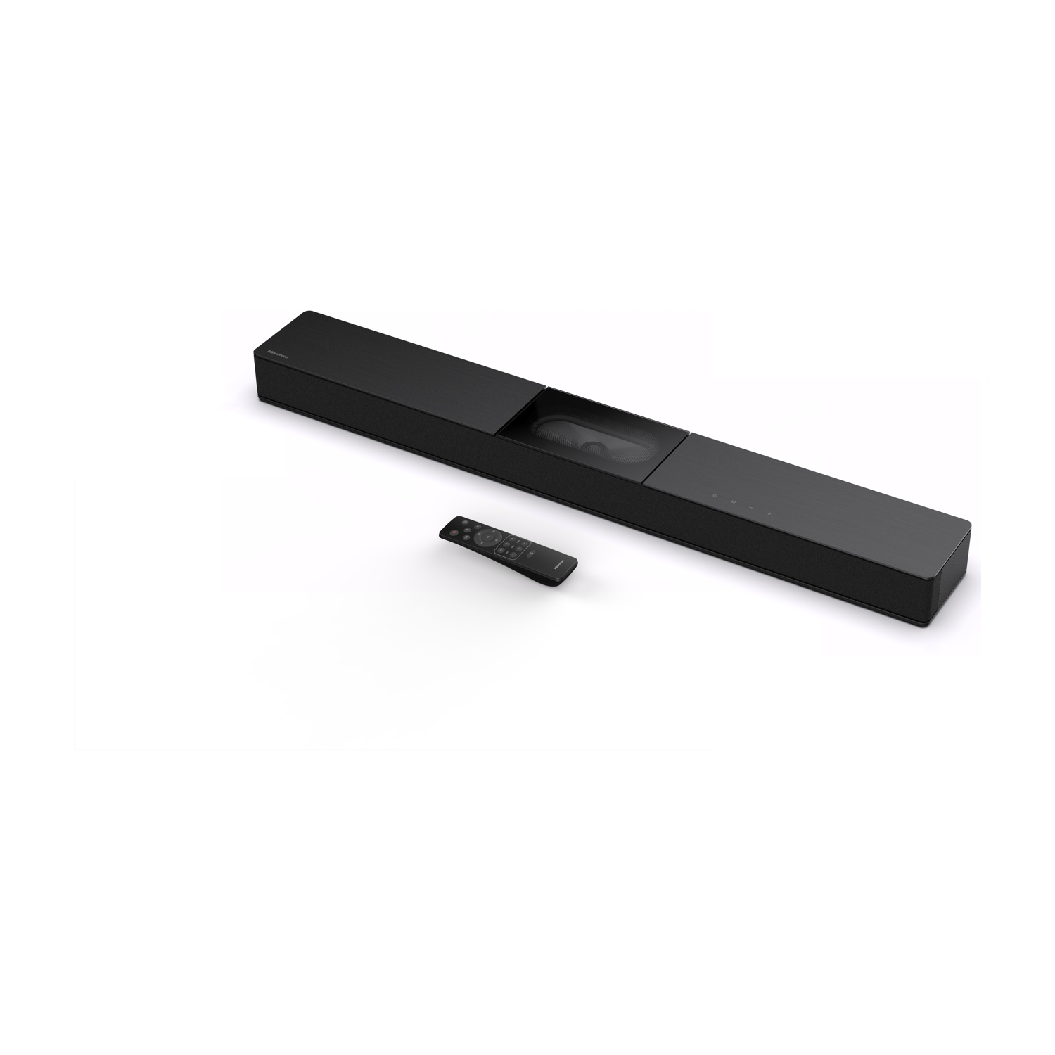 Una soundbar nera con un telecomando su sfondo bianco.