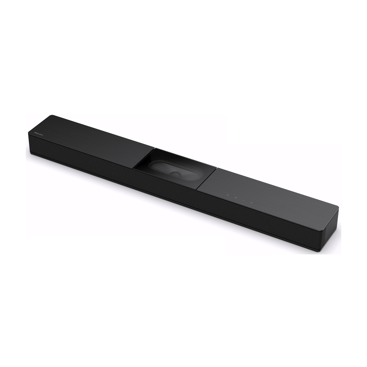 Una soundbar nera con un design rettangolare su sfondo bianco.