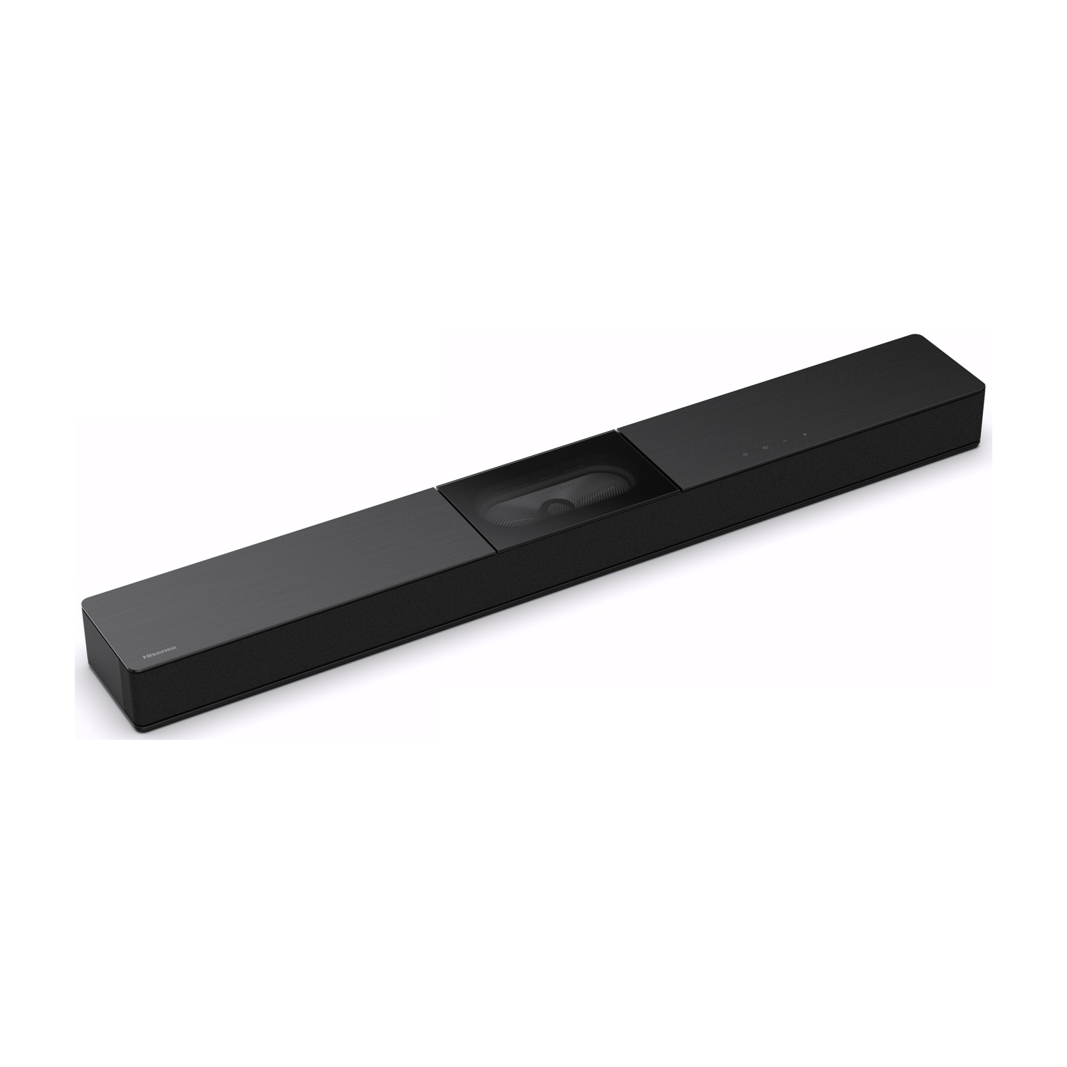 Soundbar nera con altoparlante centrale, parte superiore piatta e logo Hisense.