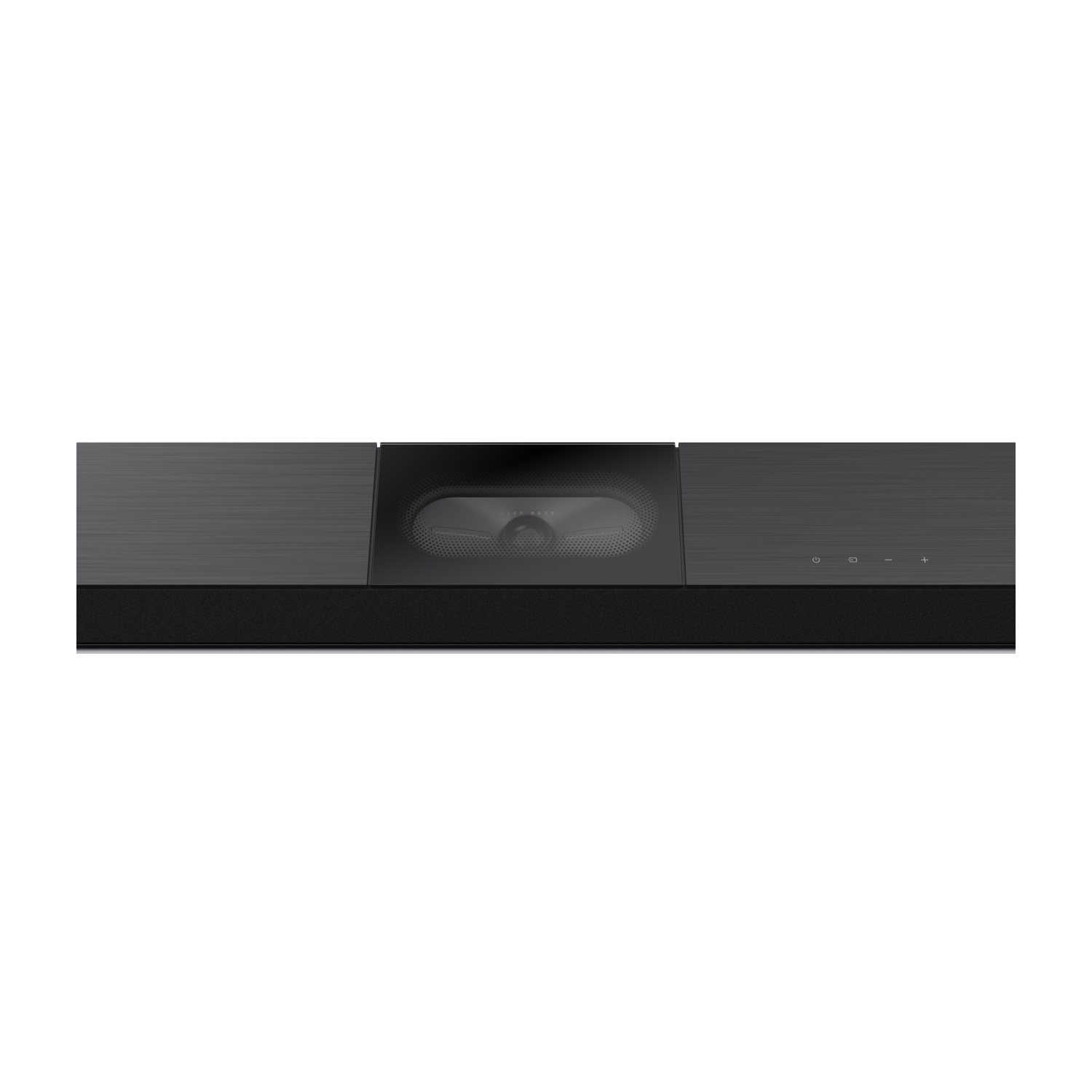 Soundbar nera con altoparlante centrale e pulsanti di controllo, su sfondo bianco.