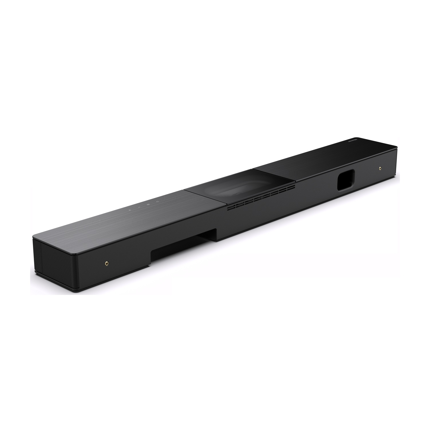 Soundbar nera dal design elegante, sfondo bianco.