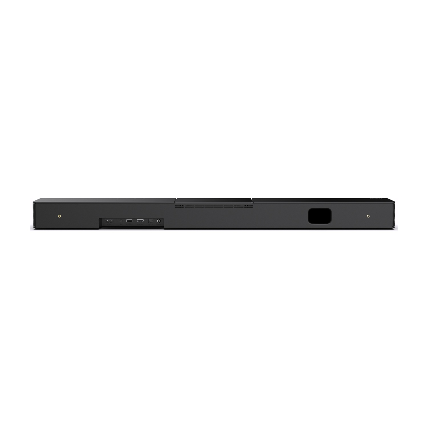 Soundbar nera con varie porte sul retro. Design pulito, forma semplice.