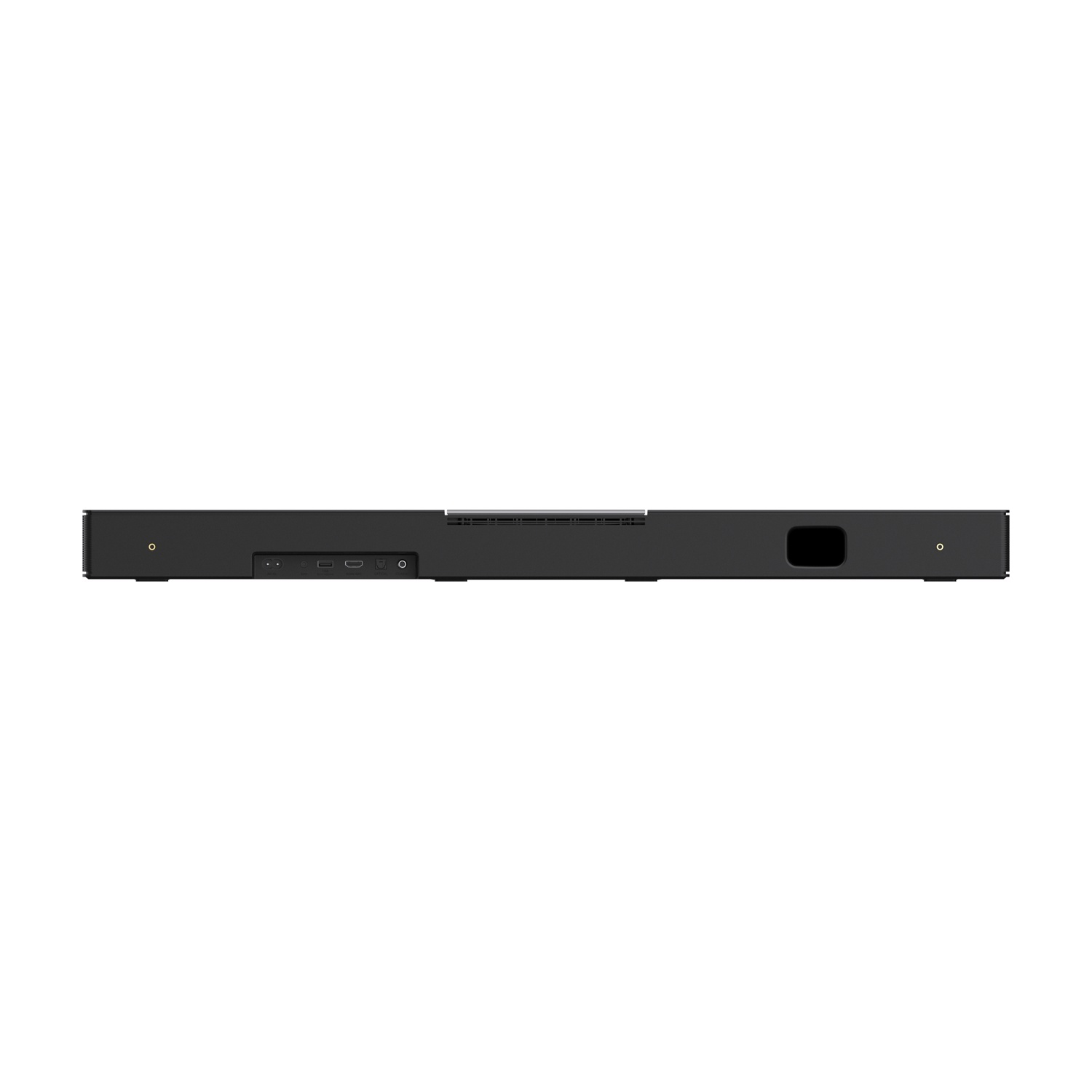 Soundbar nera con porte e altoparlante su sfondo bianco.