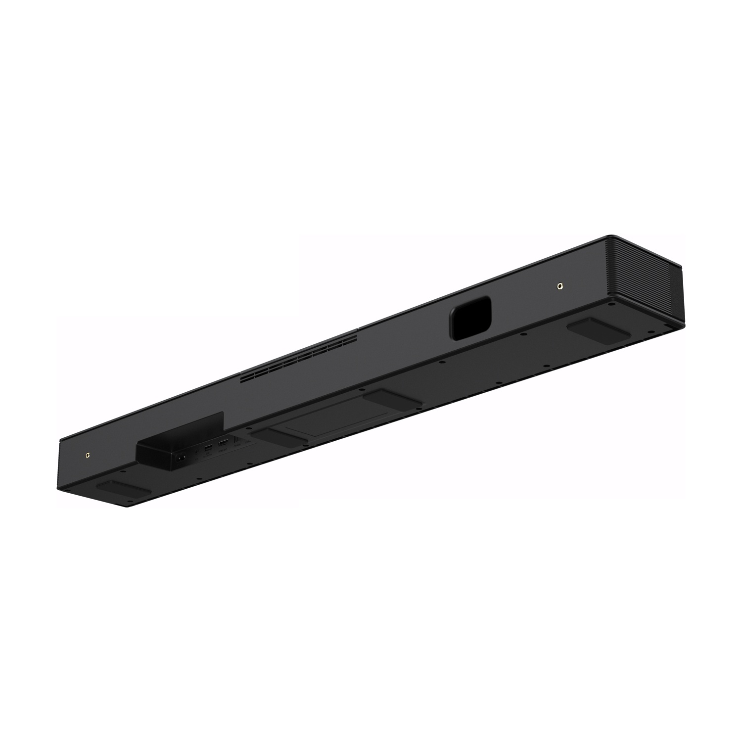 Soundbar nera, vista dal basso, su sfondo bianco. Presenti molti piccoli fori.