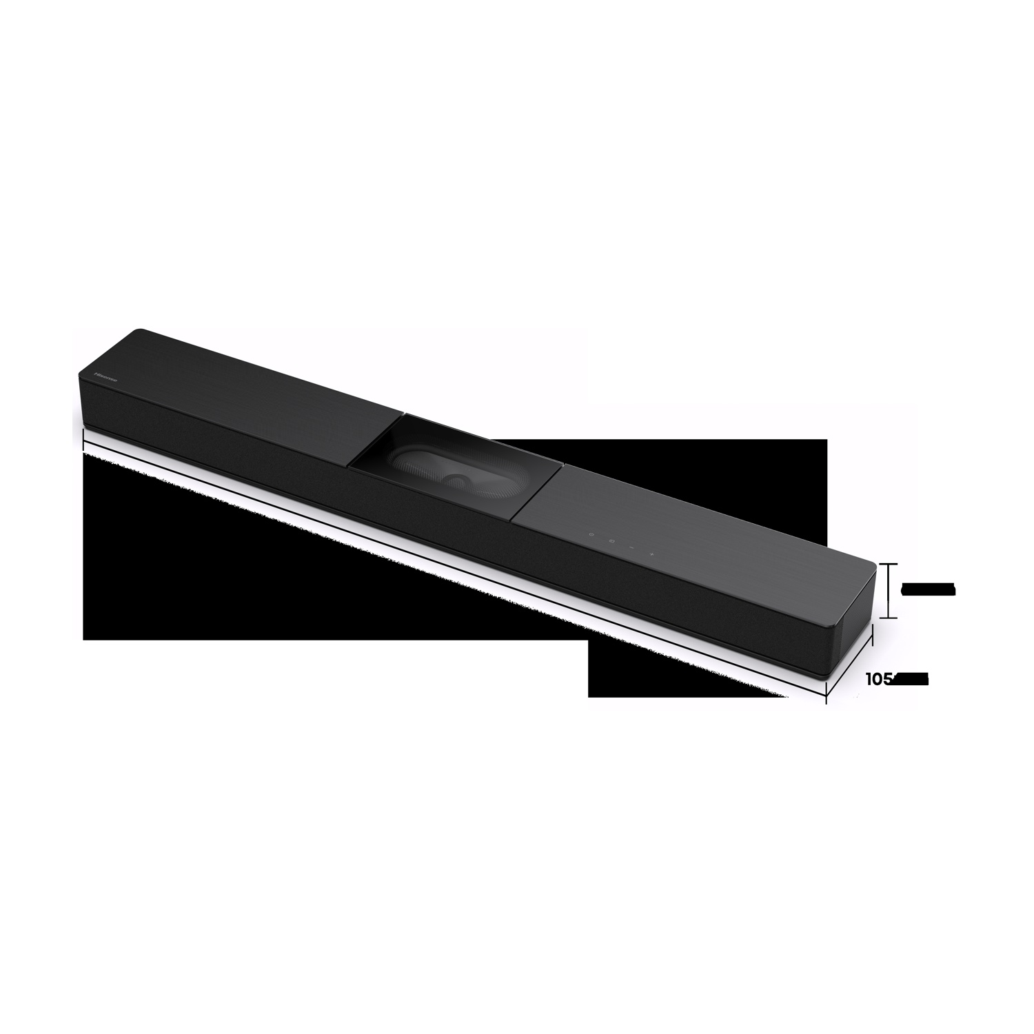 Soundbar nera dall'alto, con misure. Forma rettangolare nera.