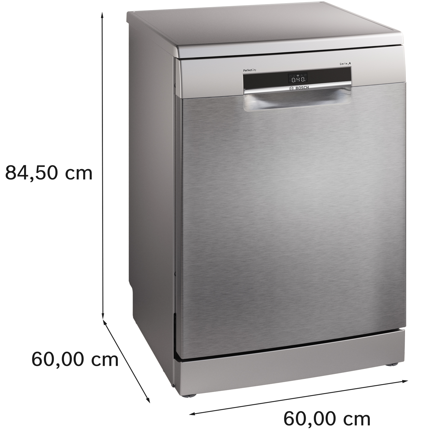 Bosch vaatwasser met afmetingen: 84,50 cm hoog, 60 cm breed en diep.