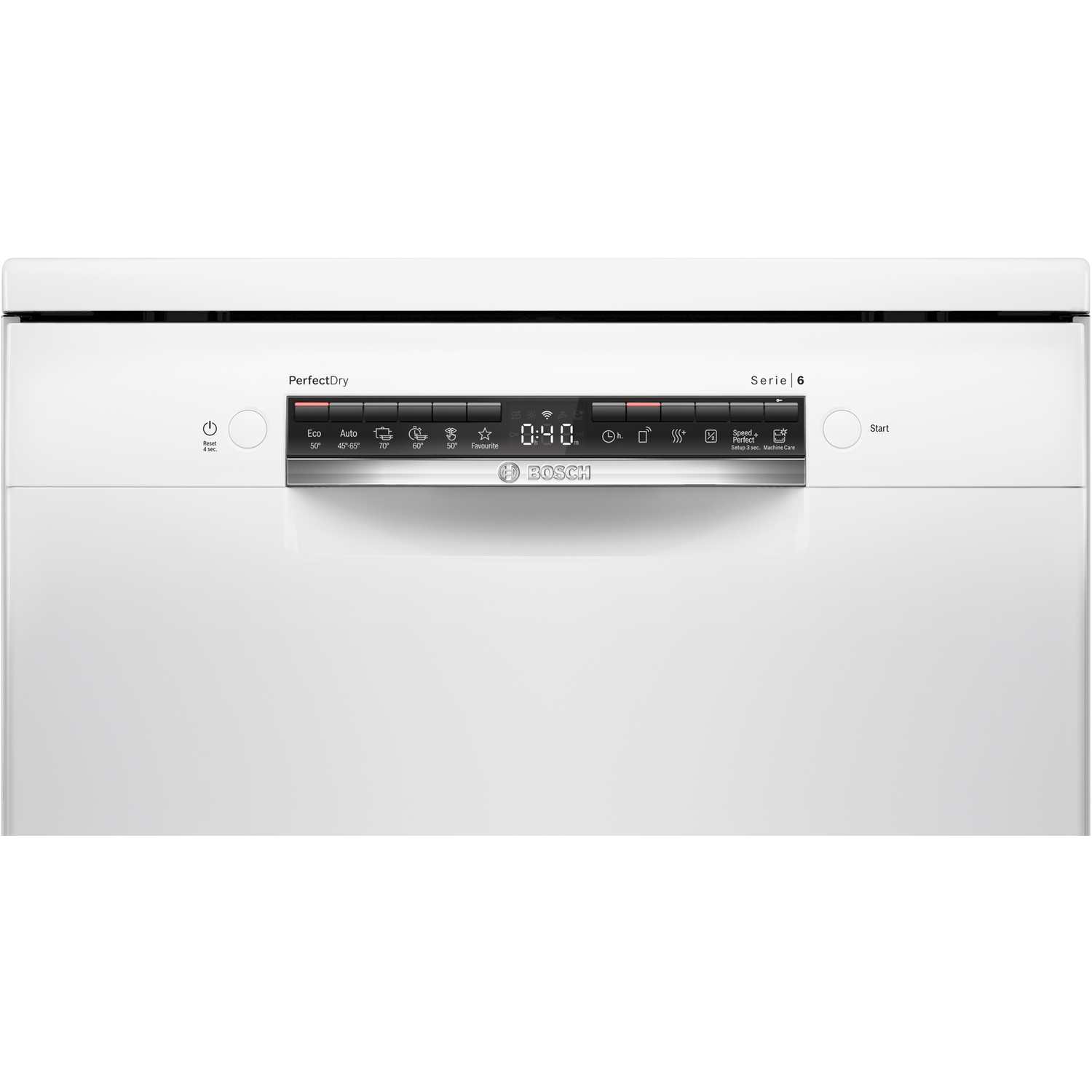 Witte Bosch vaatwasser met een digitaal display en knoppen. Serie 6 model.