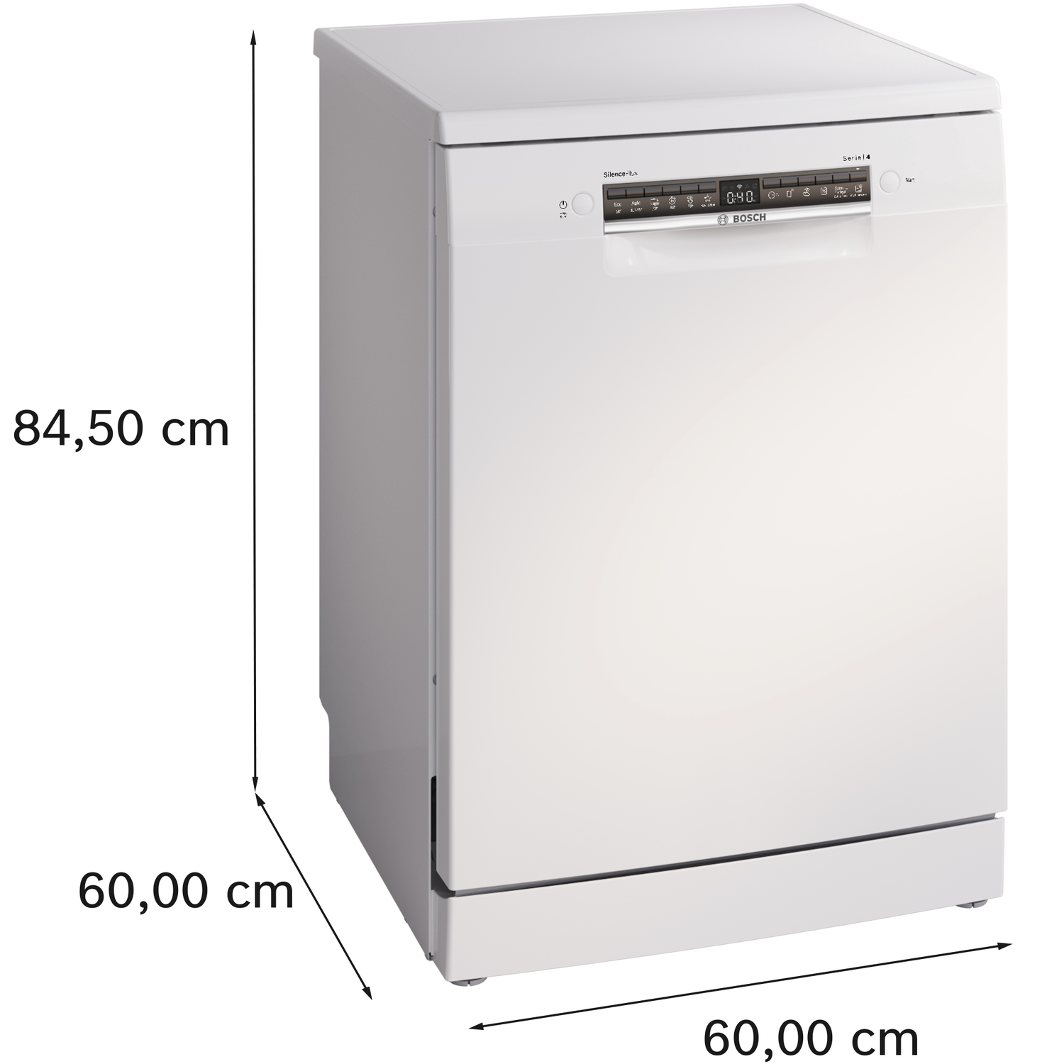 Witte Bosch vaatwasser, zijaanzicht. Afmetingen: 84,50 cm, 60,00 cm.