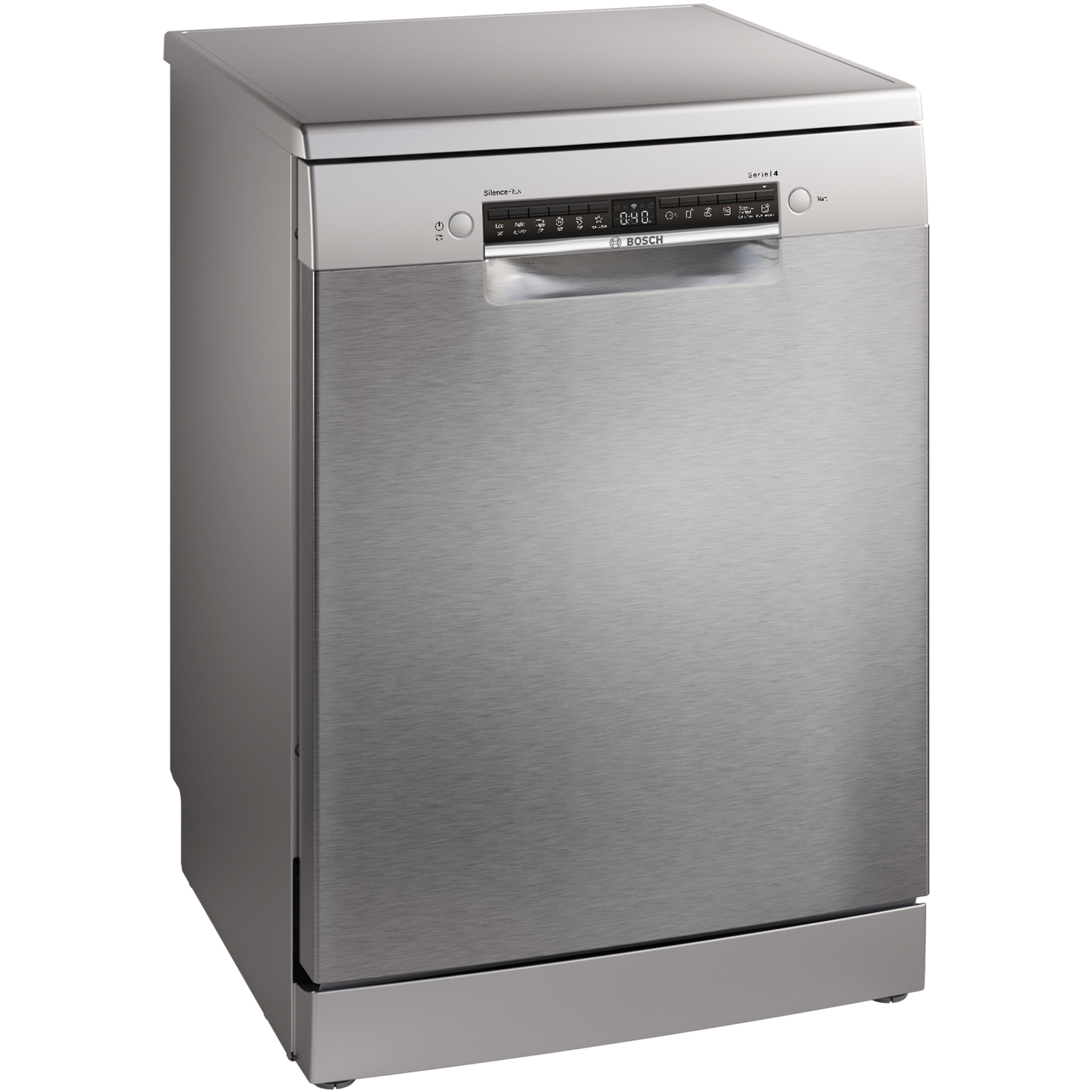 A stainless steel dishwasher with a digital display on a black background.