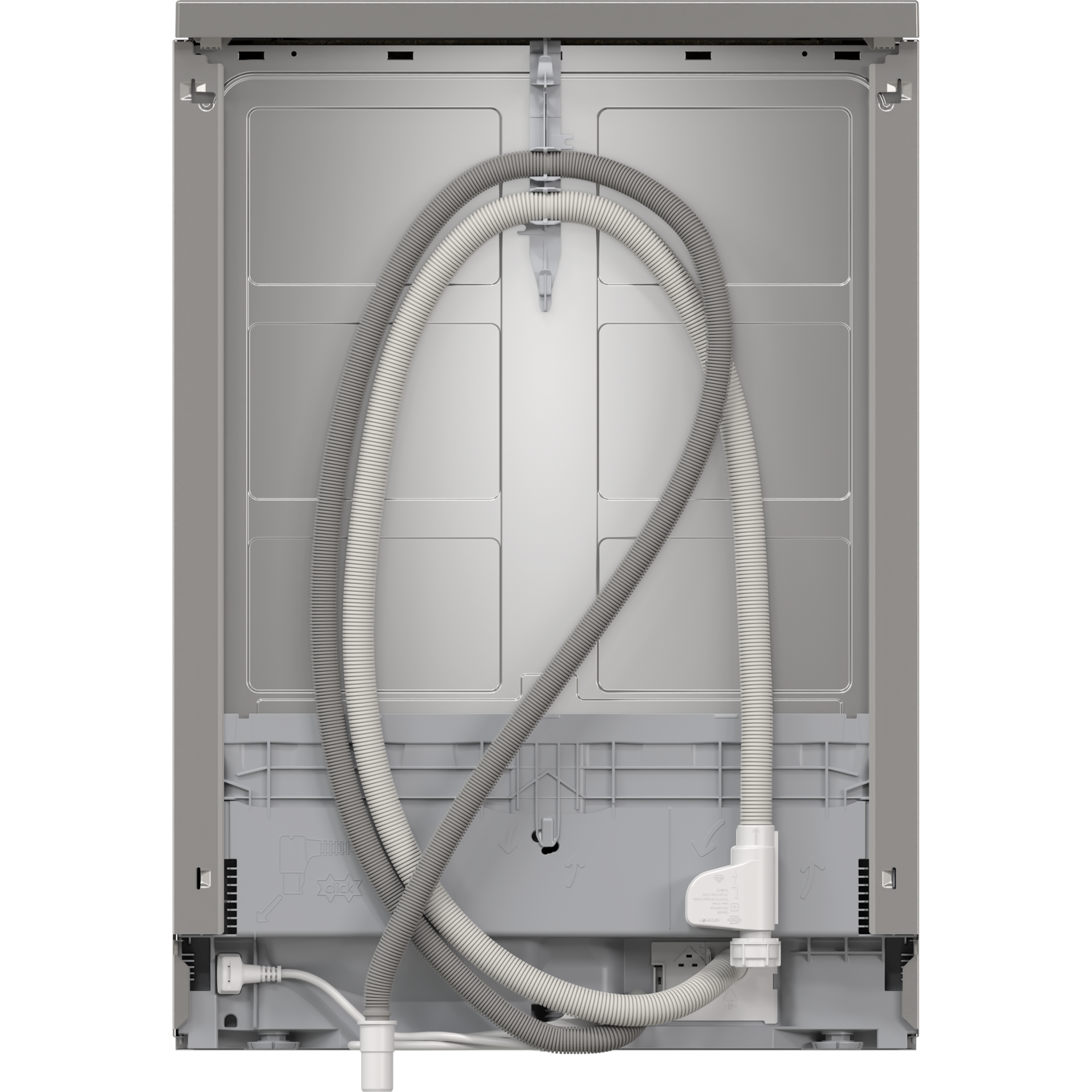 The back of a dishwasher, showing grey tubes and a white connector. The background is black.