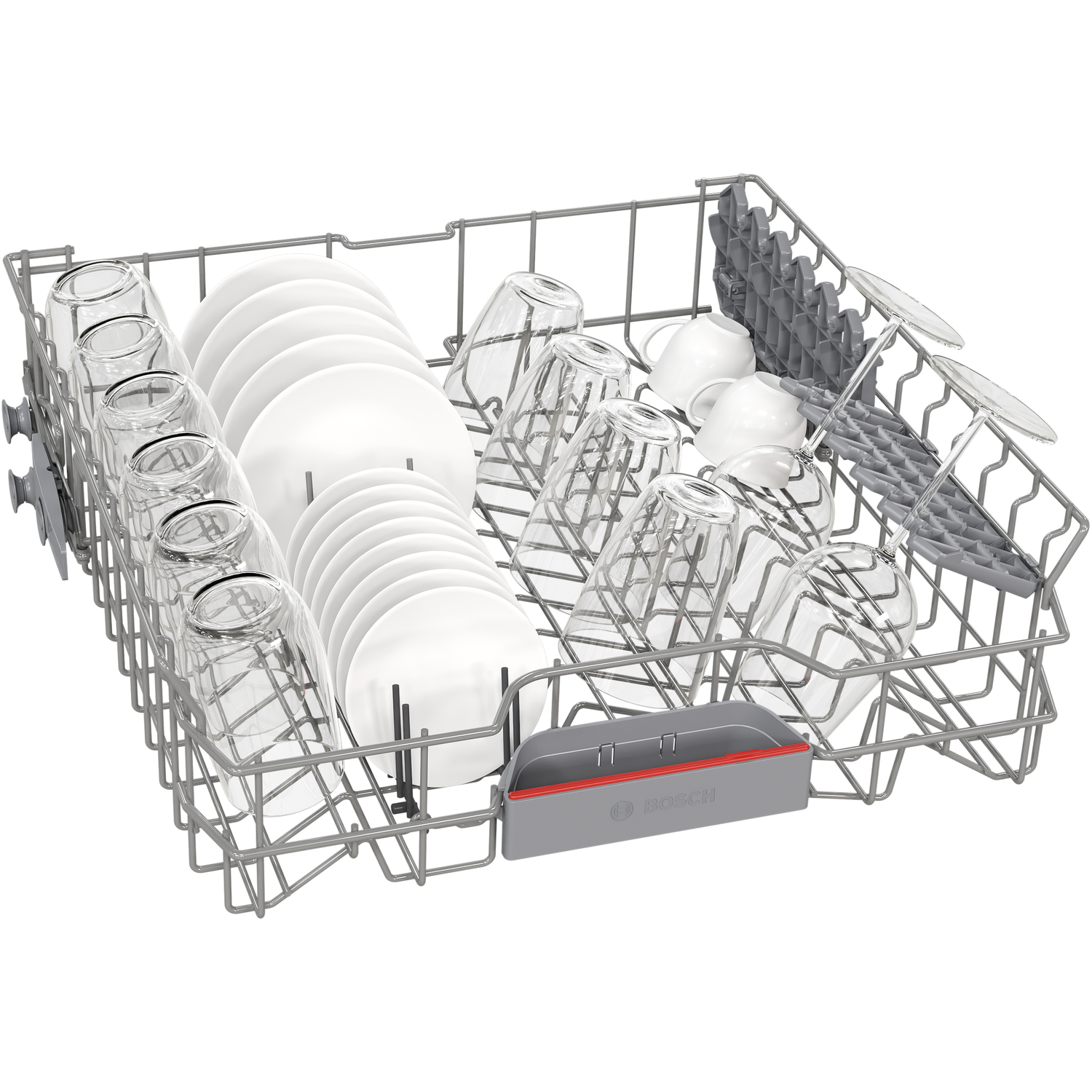 Dishwasher rack filled with dishes, glasses, and utensils. It appears clean and organized.