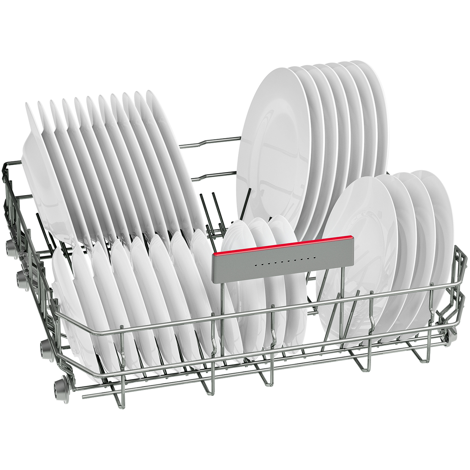 A metal dishwasher basket holds white plates.