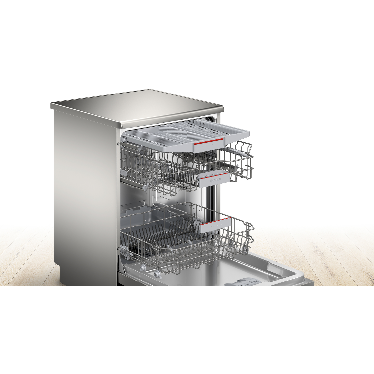 A stainless steel dishwasher with open door, showing racks and baskets.