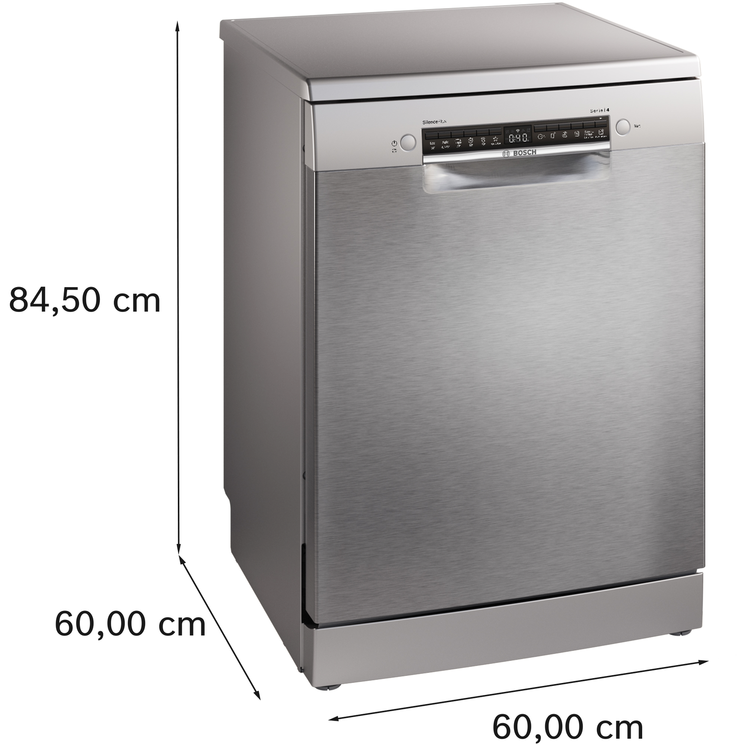 Silver dishwasher with dimensions: 84.50 cm height, 60.00 cm width and depth.