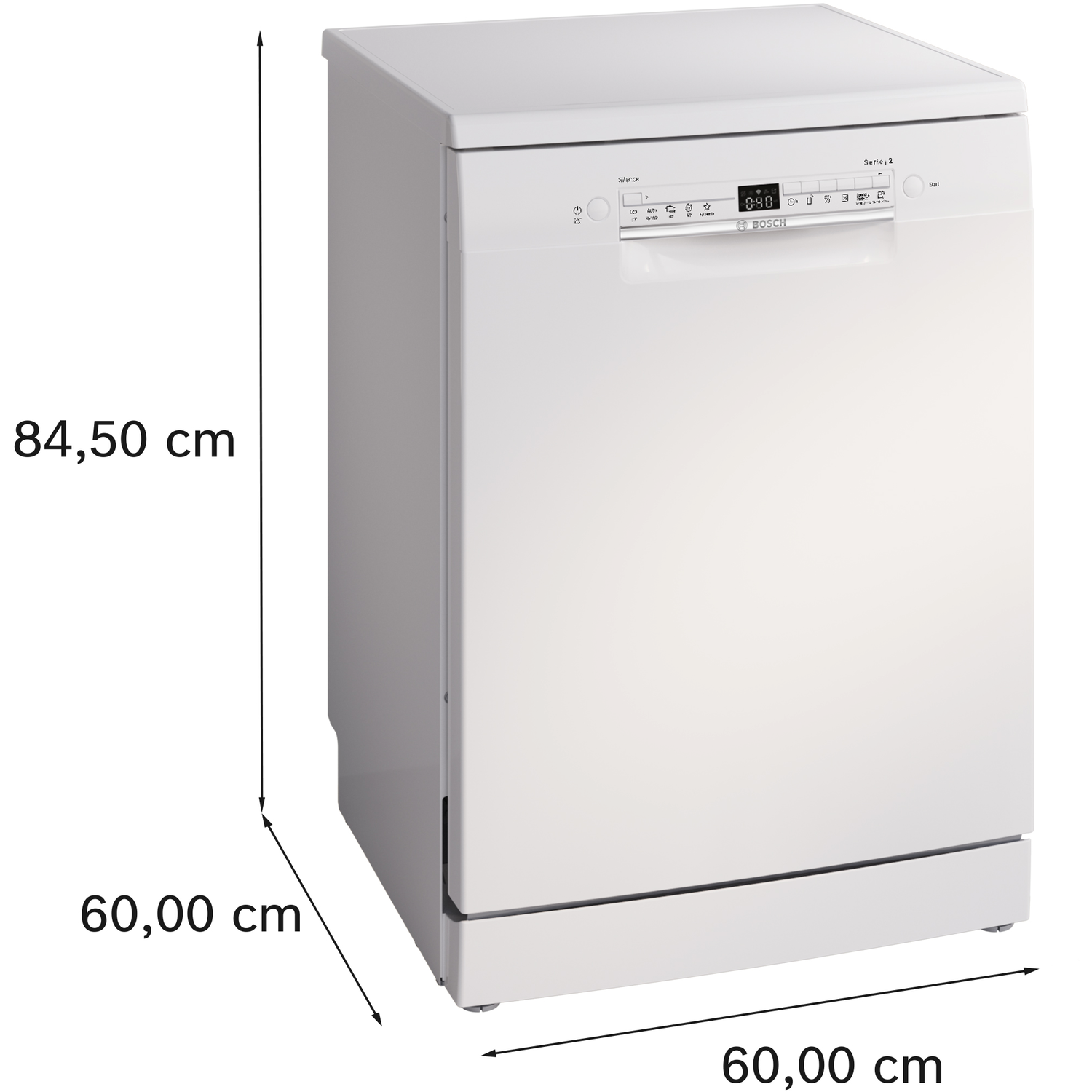 Lave-vaisselle Bosch blanc avec dimensions étiquetées sur fond blanc.