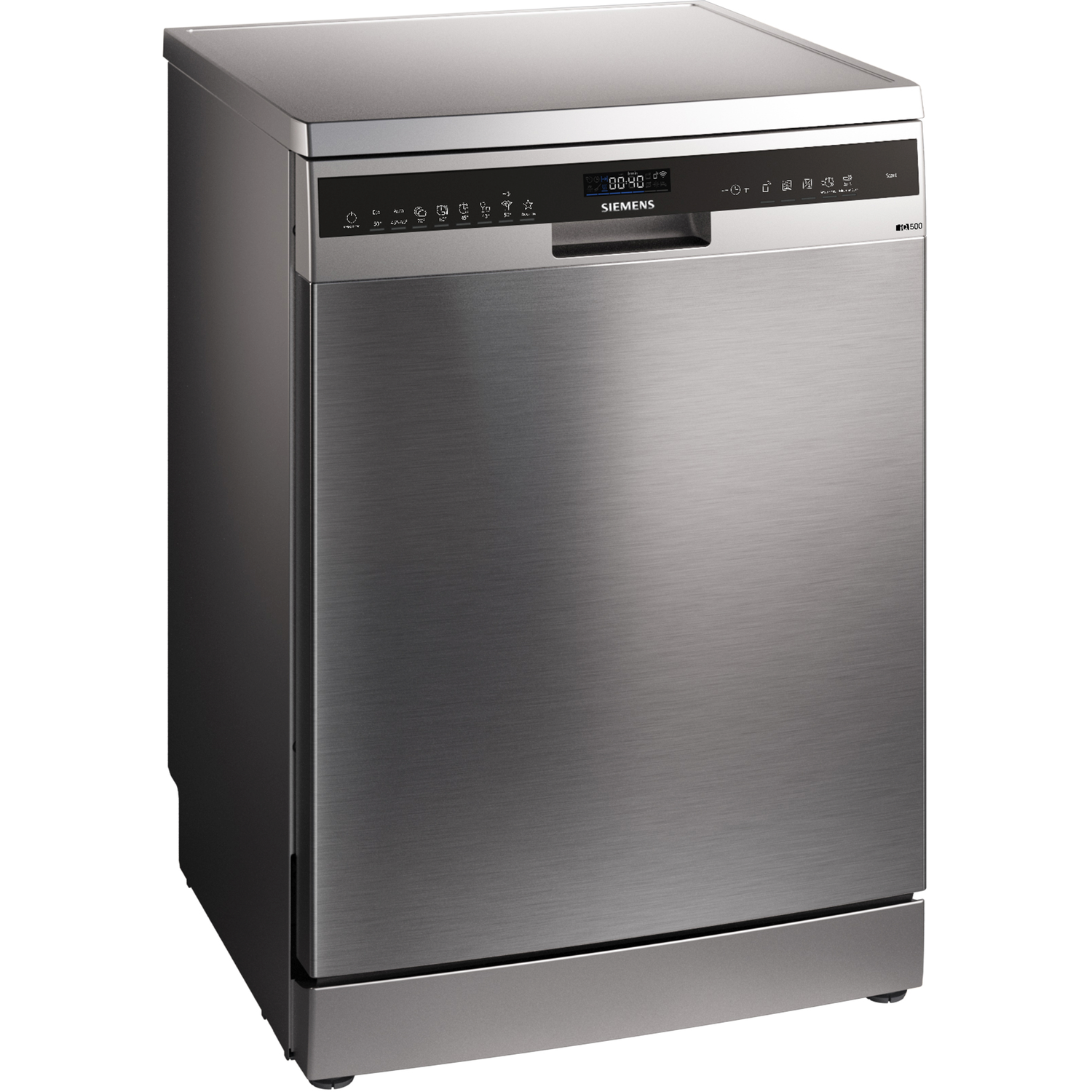 Stainless steel Siemens dishwasher, front view. Buttons, display and control panel at the top.