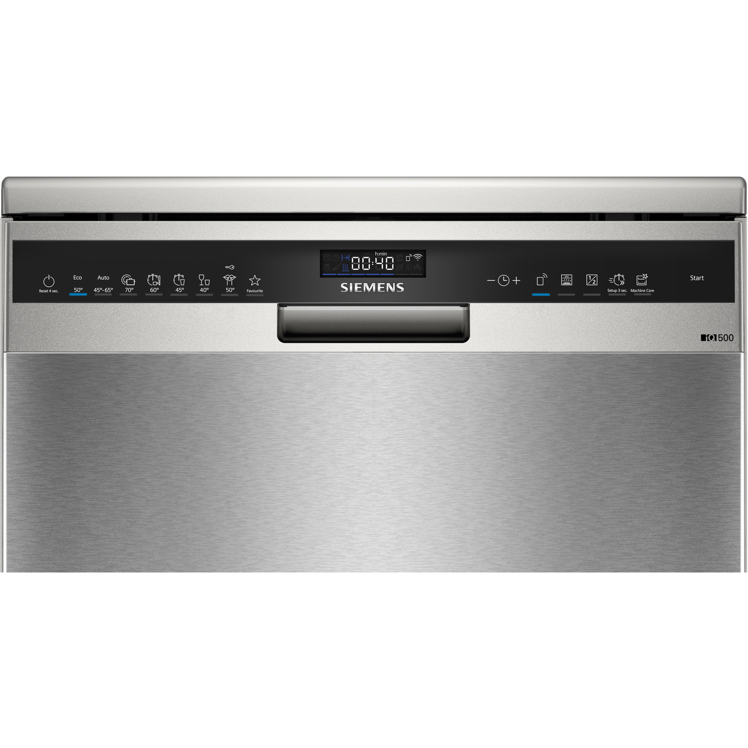 Close-up of a stainless steel dishwasher control panel with buttons and display.