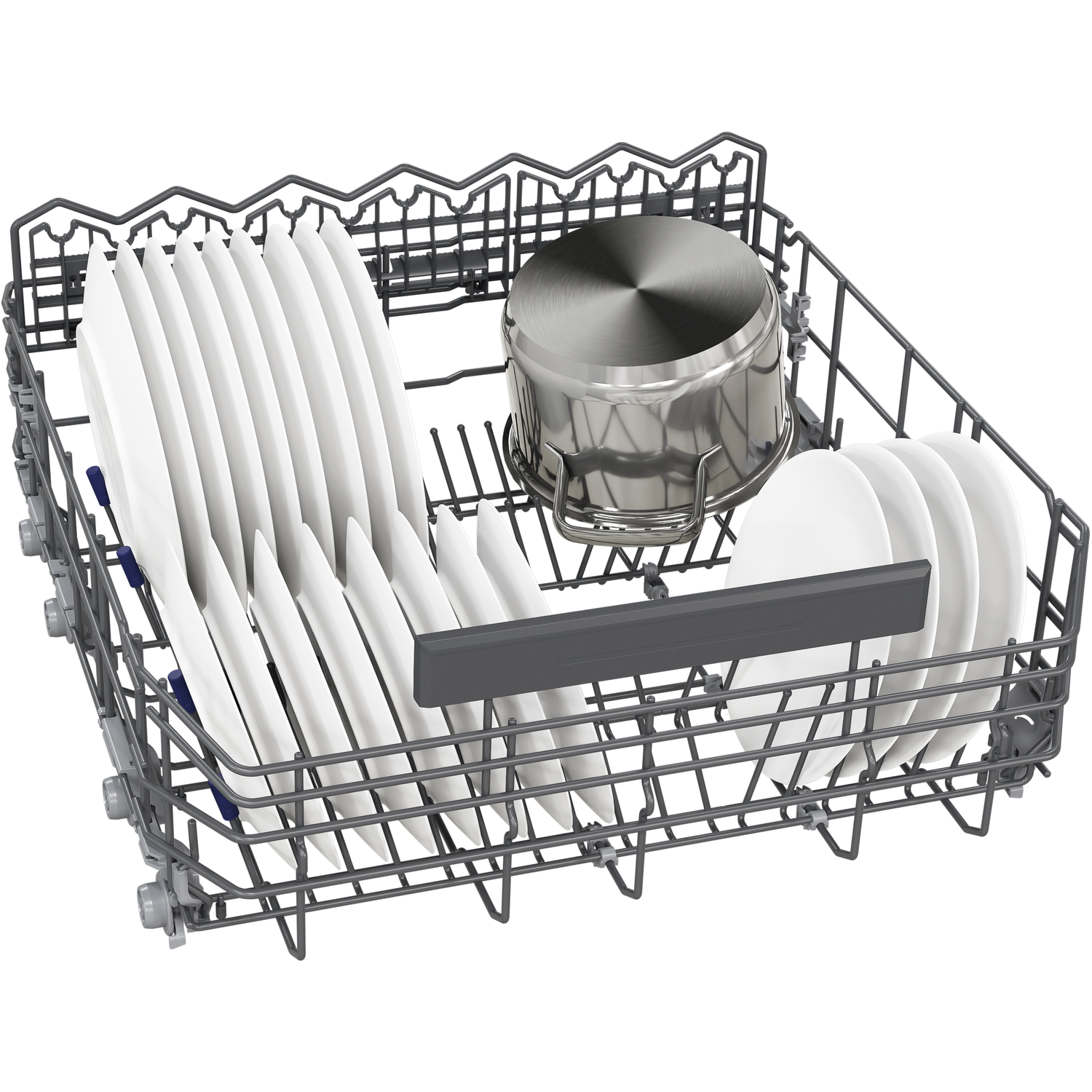 A dishwasher rack filled with clean white plates, a pot, and other utensils.