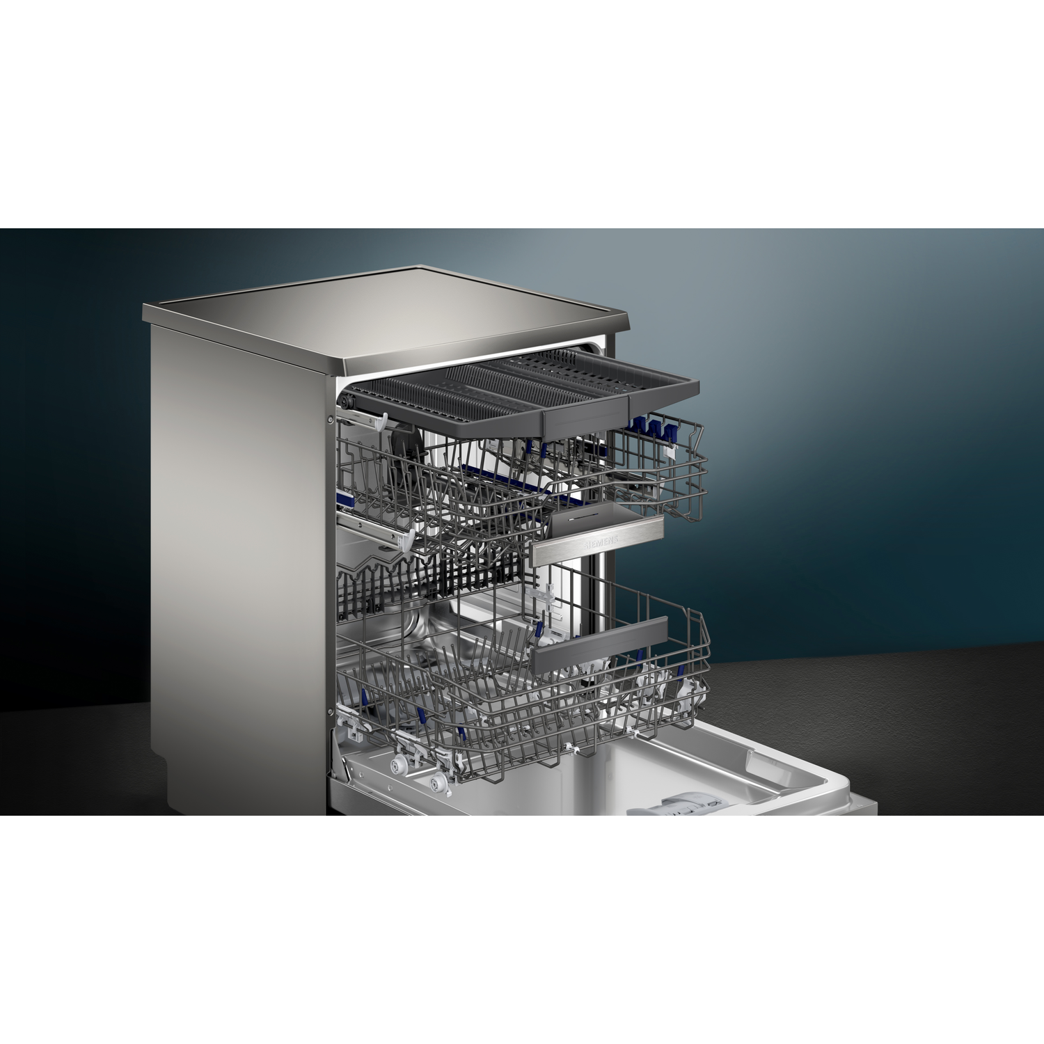 Stainless steel dishwasher with open door, showing interior racks and compartments on a dark background.