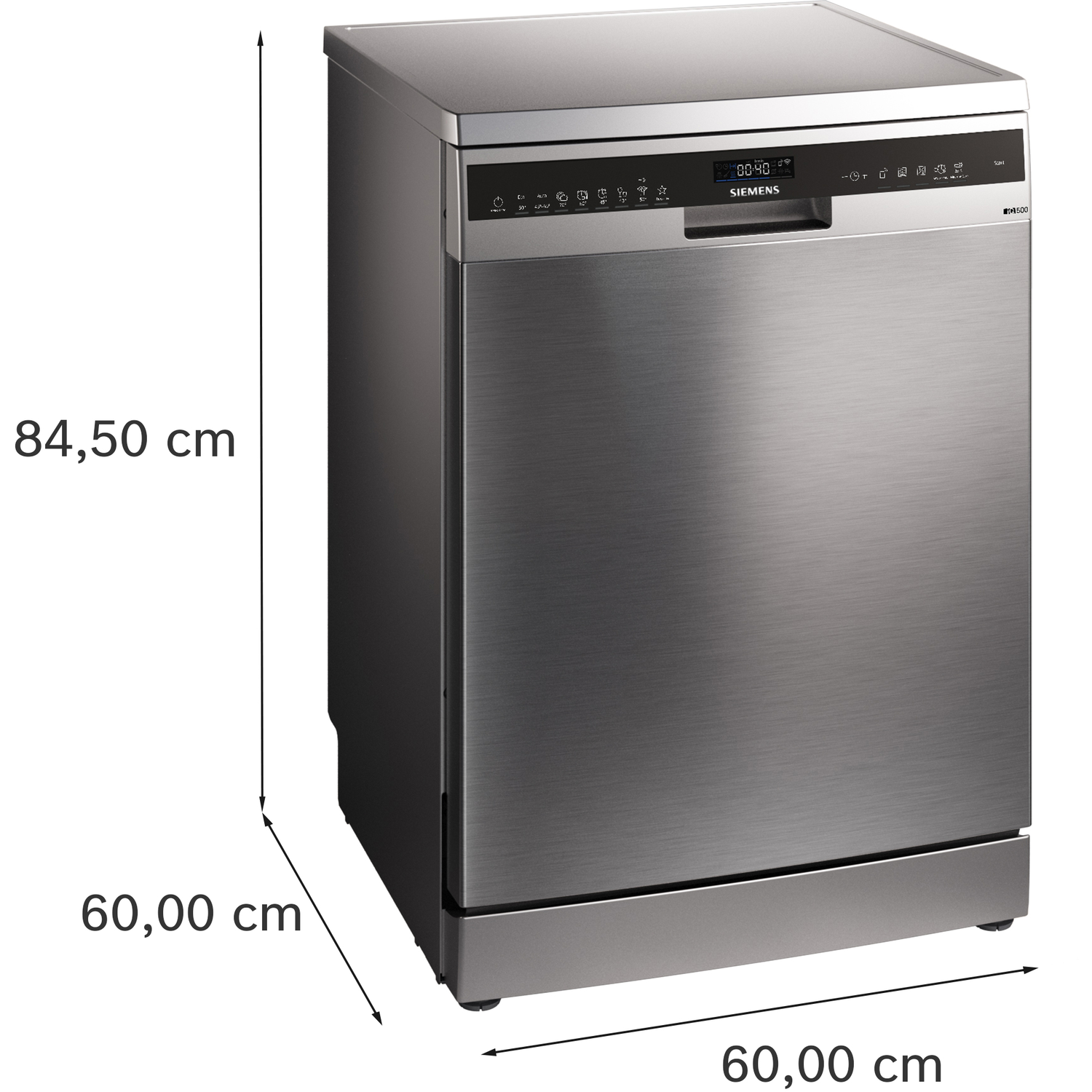 Silver Siemens dishwasher, side view. Dimensions: 60cm x 60cm x 84.5cm. Silver door.