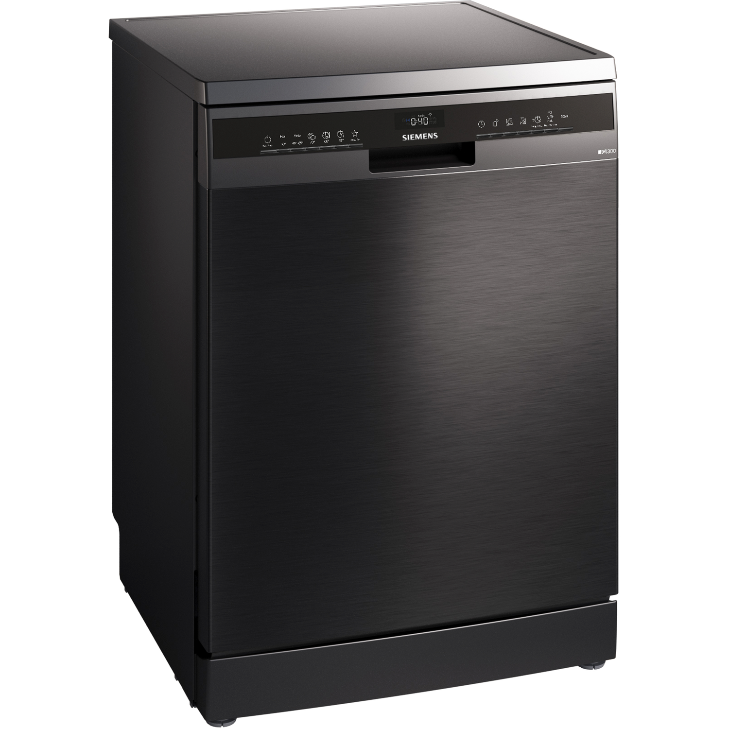 Black Siemens dishwasher with a dark brushed metal finish, closed door, and control panel.