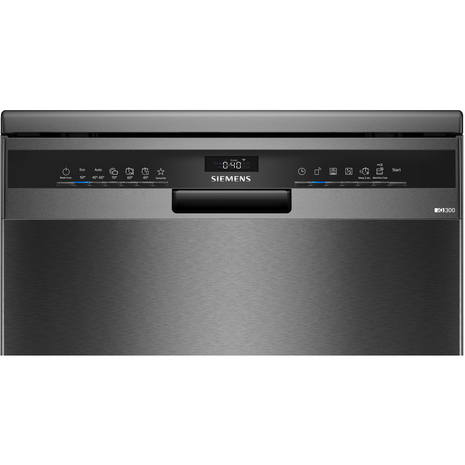 A black Siemens dishwasher with a control panel.